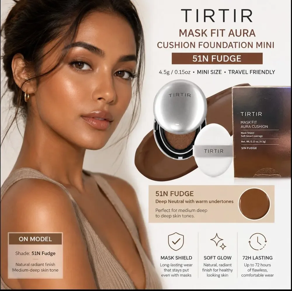 TIRTIR Mask Fit Aura Cushion Foundation Mini 4.5g /0.15oz - 51N Fudge NIB Sealed